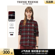 TeenieWeenie小熊春装款棉质学院风格纹衬衫复古红色长袖衬衣女