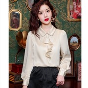 醋酸缎面飘带衬衫女士春秋新款高级感真丝衬衣钉珠娃娃领长袖上衣