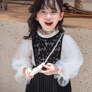 韩国女童打底衫秋冬加绒加厚冬款洋气公主儿童蕾丝网纱泡泡袖上衣