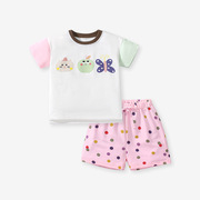 女童粉红波点短袖t恤短裤，两件套宝宝夏季纯棉夏装，儿童半袖套装潮8