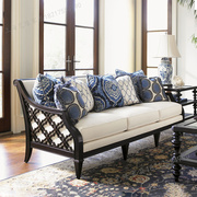 高端实木定制美式客厅，家具组合雕花靠背，藤布艺三人沙发复古时尚