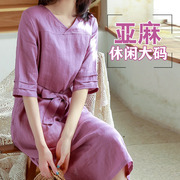 气质v领粉紫色棉麻，连衣裙大码显瘦休闲长款中袖文艺宽松裙子