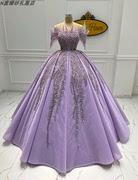 dress紫色时尚一字肩优雅蓬蓬公主裙派对钢琴演出独唱艺考晚礼服
