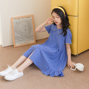夏季韩版女童娃娃翻领短袖连衣裙，中大童高腰荷叶边学院风公主裙子