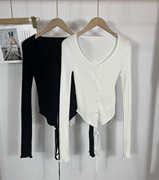 女士外贸LC黑白纯色坑条纹设计感露腰修身绑带短款长袖针织衫
