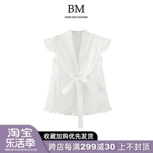 BM Fashion美式飞飞袖深V领系带衬衣bm绑带短袖甜美束腰T恤女