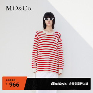 MOCO奥莱绵羊毛混纺MC章仔宽松条纹红色毛衣设计感撞色上衣