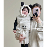 2023冬装婴儿熊猫毛绒加厚背带连体衣男女宝宝加绒保暖爬服外出服