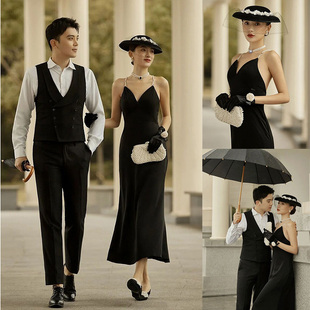 赫本风婚纱摄影道具，大黑伞法式复古英伦帽子，外景街拍珍珠手包
