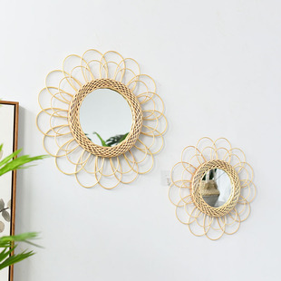 墙面镜子创意田园梳妆镜壁挂，摆件贴墙藤编圆形，装饰镜艺术镜