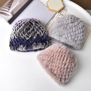 冬季保暖獭兔毛菠萝帽，柔软舒服，防风抗寒，手工编织獭兔毛帽子