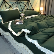 复古小清新墨绿色仙女风床裙式百褶花边水洗棉床单被套四件套