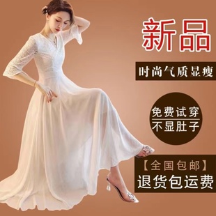 法式超仙白色蕾丝雪纺连衣裙，女2024夏季短袖，气质大码长款长裙