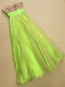 0309绿色纱裙高腰抹胸，a字裙亮片外贸，原单晚礼服裙长款钉珠宴会