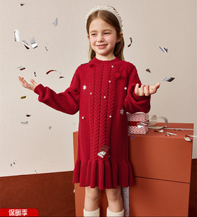 时尚系列小平鸟童装女童毛衣裙冬季圣诞红色儿童裙子拜年服