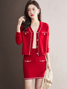 小香风两件套女装秋装2022红色，套裙时尚洋气时髦套装针织半裙