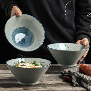 景德镇日式陶瓷餐具手绘鱼斗笠碗拉面乌东面碗大号加厚釉下喇叭碗