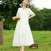 白色亚麻连衣裙女高级感v领气质，春秋仙气长裙，三亚海边度假沙滩裙