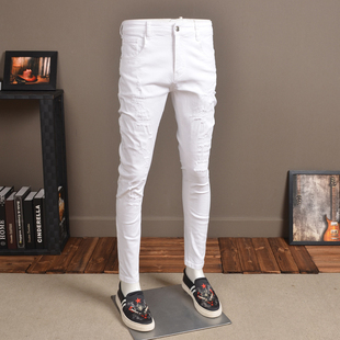 夏季薄款白色牛仔裤男破洞弹力修身韩版潮流，刮烂休闲小脚裤白裤子