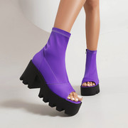 弹力布桔色玫红色紫色靴子夏靴松糕厚底高跟短靴女大码凉靴 FWSX