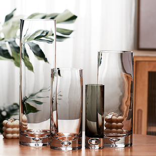简约瓶底气泡玻璃花瓶透明水培，插花花瓶直筒花器客厅创意摆设