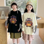 波拉韩国女男孩小中大儿童装春季款青少年街舞上衣假两件长袖t恤