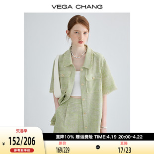 vegachang夏季休闲套装女2024小香风，短袖外套直筒短裤两件套