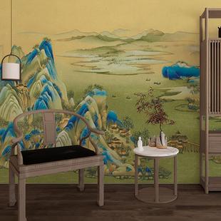 千里江山图复古中式青绿山水画，墙布客厅茶室立体肌理，浮雕壁纸壁画
