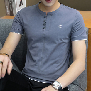 男士短袖T恤夏季潮流个性半袖棉质修身V领打底衫中国风男装上衣服