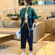 绿色拼接棒球服短外套女韩版设计感休闲夹克小个子2024年春装