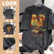捡漏美式宽松短袖T恤女装重磅水洗做旧半袖欧美潮牌ins复古设计感