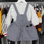 韩版童装2024春款女童圆点T恤上衣格子可爱背带裙宝宝两件套装