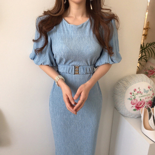 韩国chic优雅气质圆领系带收腰修身显瘦过膝长款灯笼袖连衣裙女
