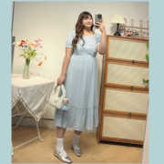 荔枝家大码方领蕾丝收腰连衣裙，纯净蓝色连衣，长裙200斤夏季