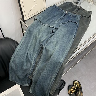 0.5kg牛仔裤直筒高腰纯色复古假两件小众设计感女装 C#10