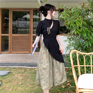 新中式短袖连衣裙2024夏季国风假两件设计感镂空显瘦拼色长裙