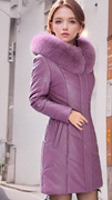 紫色带毛领连帽真皮羽绒服，女秋冬中长款修身显瘦黑色气质百搭外套