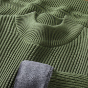绿色加绒毛衣男士冬季2023潮牌条纹修身加厚半高领打底针织衫