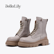 BellaLily增高厚底牛皮马丁靴女帅气中筒靴舒适机车靴子