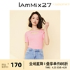 iammix27短袖套头针织衫女修身显瘦个性不对称镂空斜肩针织上衣女