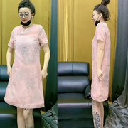 夏季新中式V领刺绣改良旗袍裙女 高级感气质显瘦中长款短袖连衣裙
