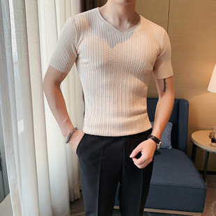 春秋韩版修身男士v领短袖，t恤时尚青年紧身弹力，打底衫针织体恤