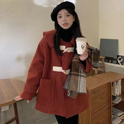 大码女装2024春季韩版娃娃，领减龄复古牛角，扣红色毛呢外套大衣