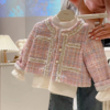 女童时尚秋季外套2023童装短款儿童洋气甜美粉色系小香风上衣