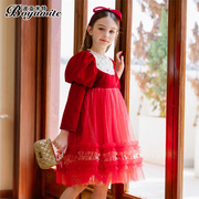女童加绒泡泡袖公主裙，冬季2023儿童拜年服洋气红色新年连衣裙