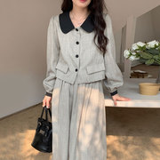 韩国chic秋季温柔撞色翻领，长袖棉麻衬衫，+高腰a字型半身裙长裙套装