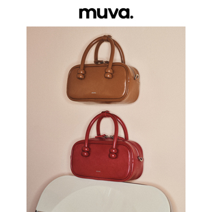 muva原创2023波士顿红色，包包手提包女春夏时尚，百搭真皮斜挎包