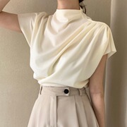 韩国chic夏季法式复古气质优雅褶皱，拼接蝙蝠袖，半高领衬衫洋气上衣