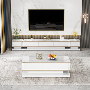 岩板电视柜茶几组合轻奢极简白色，亮光客厅现代简约黑色钢化玻璃面