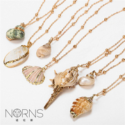 norns波西米亚土豪金天然(金天然)贝壳海螺，扇贝镀金边条纹项链沙滩链颈链